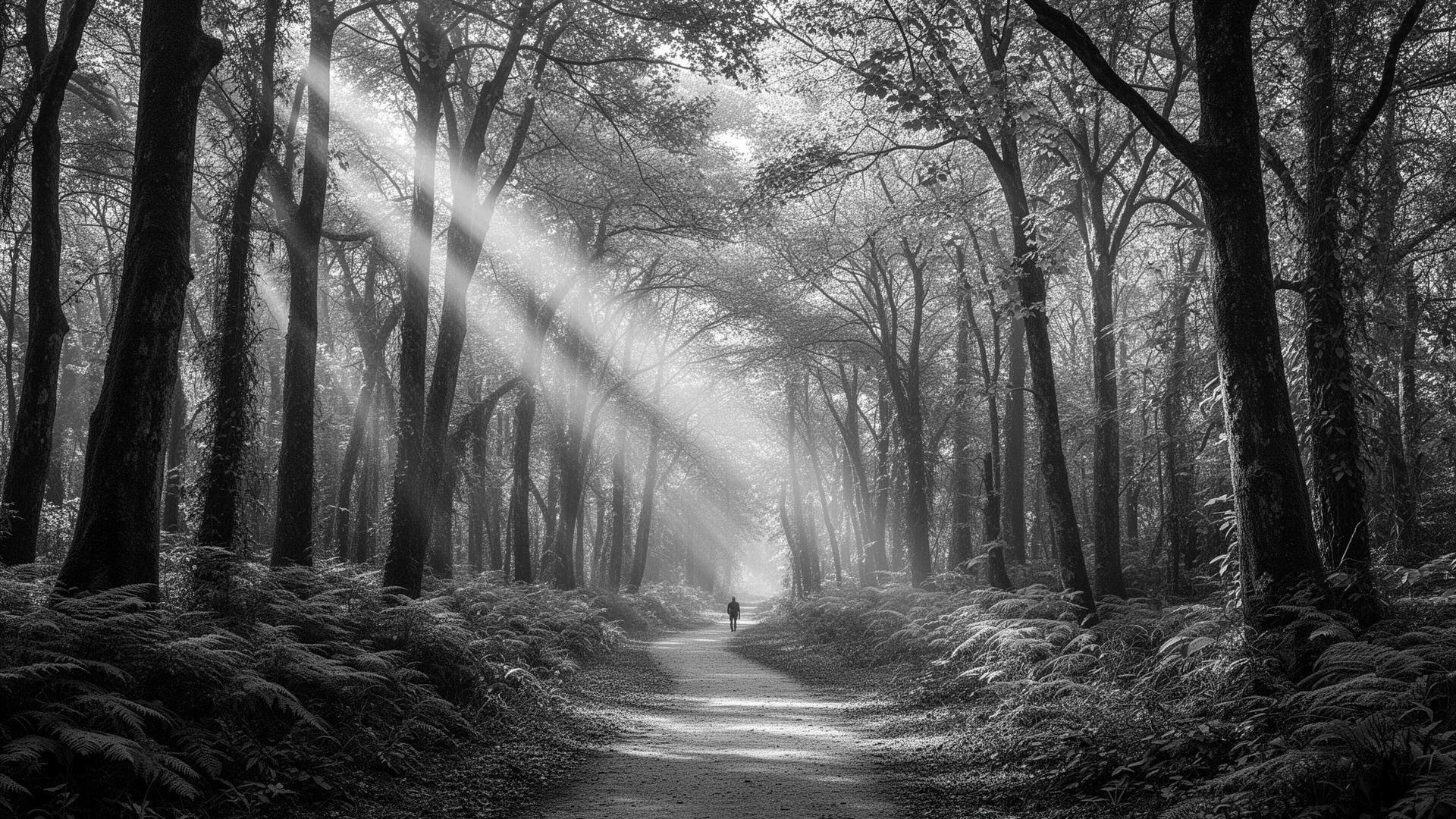 Grayscale forest path with a figure walking through morning mist