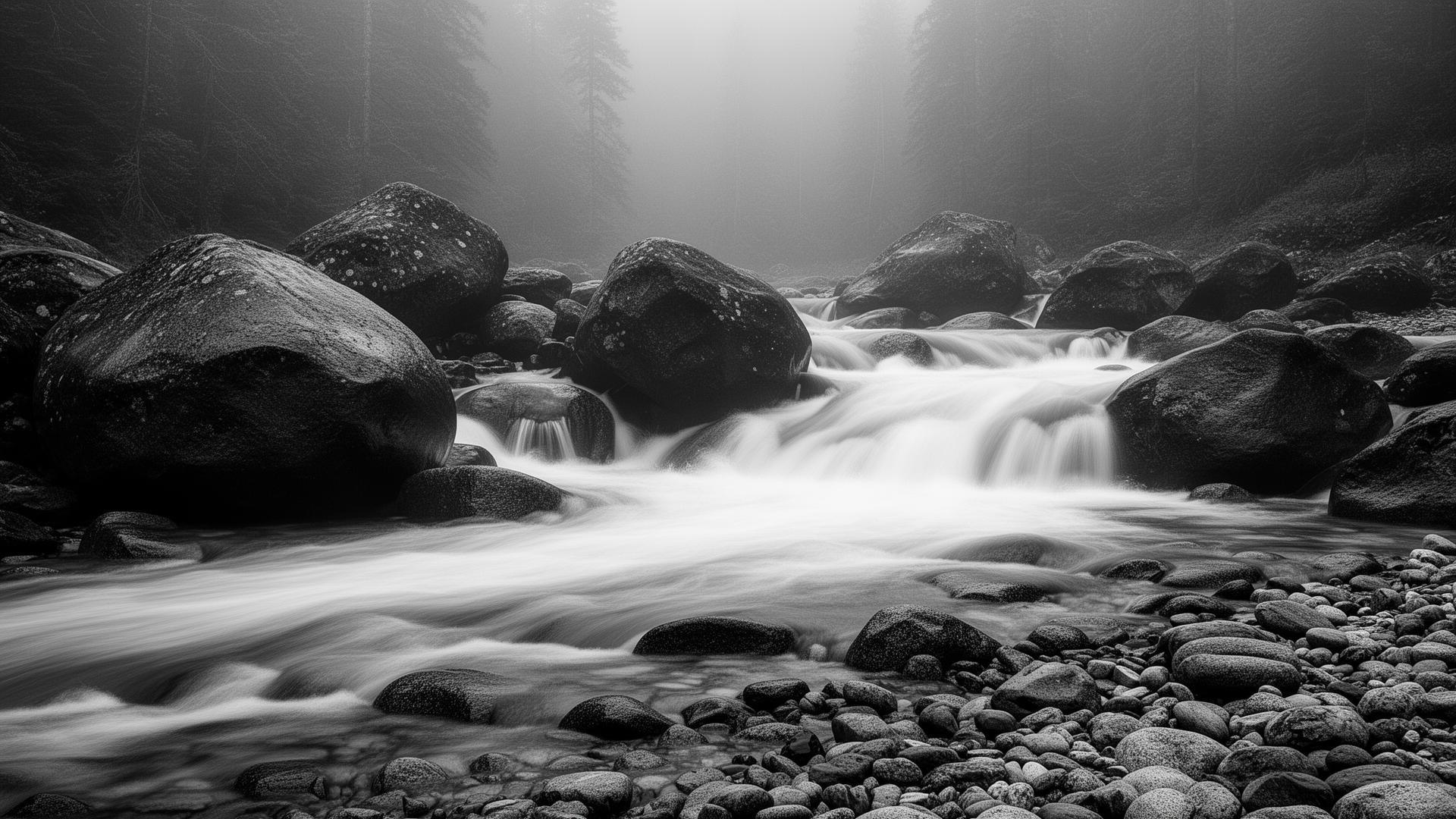 Grayscale long-exposure mountain river flowing over boulders